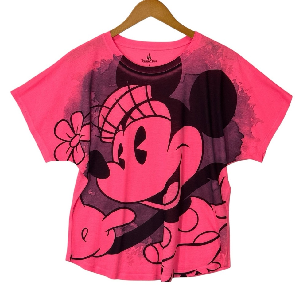 Disney Parks Minnie Mouse Oversized Top Women L Pink Neon Graphic Theme Park Y2K